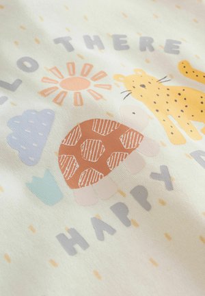 Light fabric featuring playful prints: a turtle, leopard, cloud, and sun in orange, yellow, gray, and blue with the text "HELLO THERE HAPPY DAY."