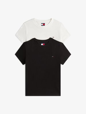 Deux T-shirts à manches courtes en coton noir et blanc, présentant un petit logo sur le devant et un col rond classique.