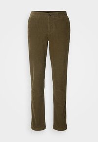 Pantalon en velours côtelé vert olive à coupe droite, avec fermeture à bouton et poches avant. Texture douce avec des côtes verticales.