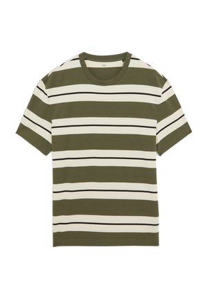 Olivgrön och krämfärgad randig t-shirt med korta ärmar, rund halsringning och svarta accentränder. Mjuk blandning av bomull.