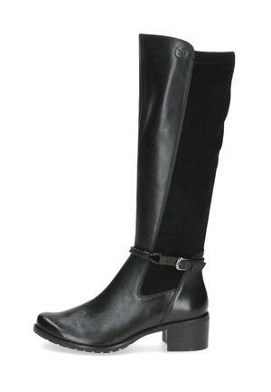 Black knee-high boots made of leather and suede, featuring a wide shaft, slight heel, and a decorative strap with a buckle accent.