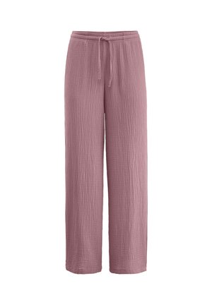 Pantaloni larghi di colore rosa chiaro, con texture, dotati di una vita elastica e cordino regolabile. Realizzati in materiale morbido e traspirante.