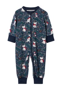 Navy blåt lynlåse bodystocking med et legende mønster af dyr, blade og stjerner. Fremstillet af blødt stof med ribbede manchetter.