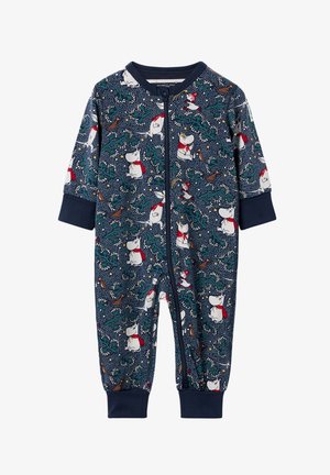 Navyblauwe zip-up rompertje met een speels patroon van dieren, bladeren en sterren. Gemaakt van zachte stof met geribbelde manchetten.