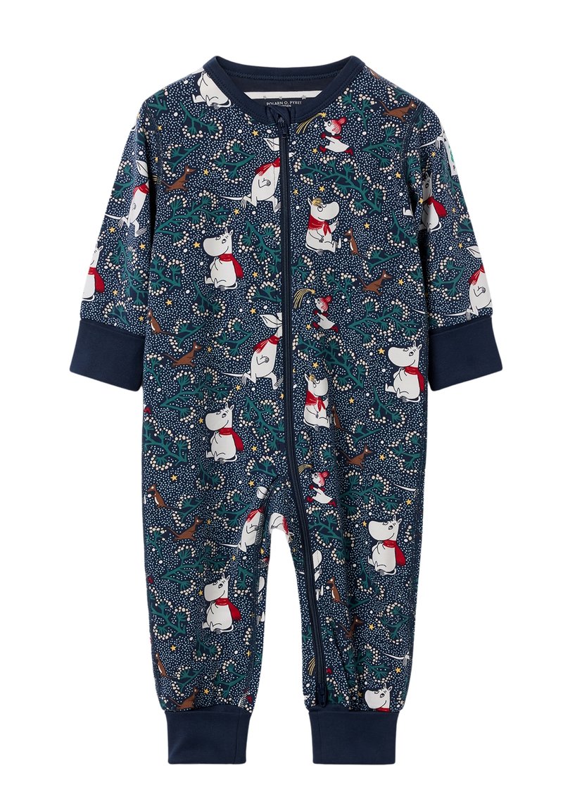 Navy blåt lynlåse bodystocking med et legende mønster af dyr, blade og stjerner. Fremstillet af blødt stof med ribbede manchetter.