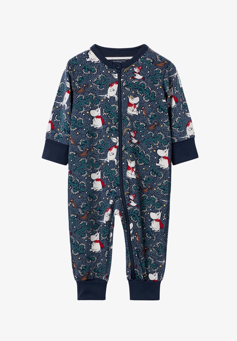 Navyblauwe zip-up rompertje met een speels patroon van dieren, bladeren en sterren. Gemaakt van zachte stof met geribbelde manchetten.