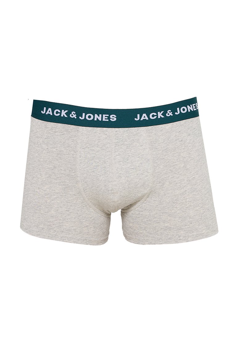 Boxer briefs para hombre en gris claro con cinturilla verde oscura que presenta el logotipo en blanco "JACK & JONES".