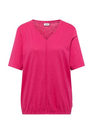 Haut pour femme à manches courtes de couleur rose vif avec col en V, détail de couture centrale et ourlet élastique froncé, étiquette "CECIL" à l'intérieur du col.