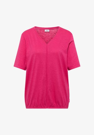 Haut pour femme à manches courtes de couleur rose vif avec col en V, détail de couture centrale et ourlet élastique froncé, étiquette "CECIL" à l'intérieur du col.