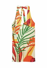 Halter neck dress with a colorful floral and leaf pattern, featuring bright orange, green, and yellow shades on a light background.