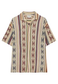 Camicia a maniche corte con bottoni, caratterizzata da una base beige con strisce verticali multicolore e pattern geometrici in rosso, verde e blu.