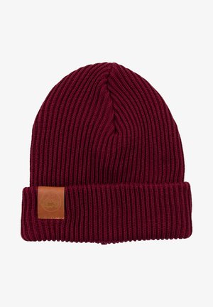 Bordowa dzianinowa czapka z prążkowanym wzorem i złożonym mankietem. Posiada prostokątną skórzaną metkę z wytłoczonym wzorem.