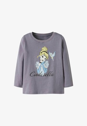 Grijs shirt met lange mouwen, gemaakt van katoen, met een bedrukt ontwerp van Assepoester en een blauwe vogel, voorzien van een ronde hals en elastische manchetten.