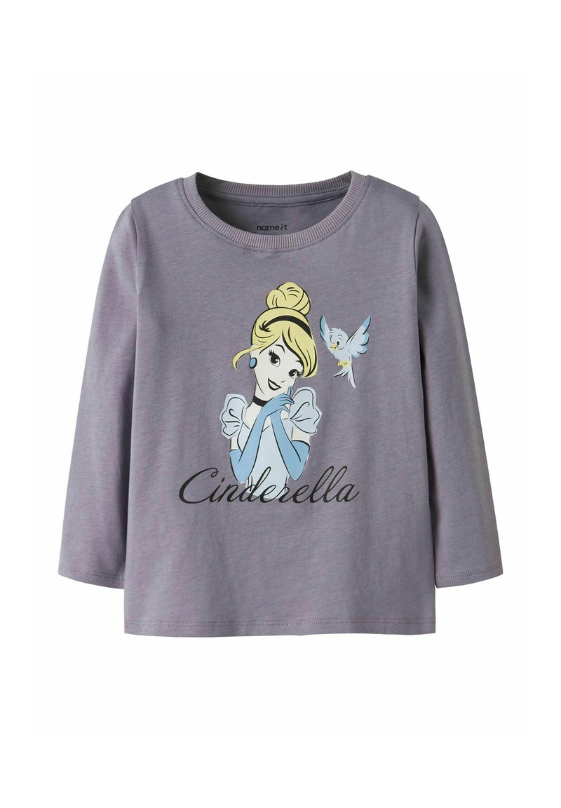 Szara koszula z długim rękawem wykonana z bawełny, z nadrukiem Kopciuszka i niebieskiego ptaka, z okrągłym dekoltem i elastycznymi mankietami.