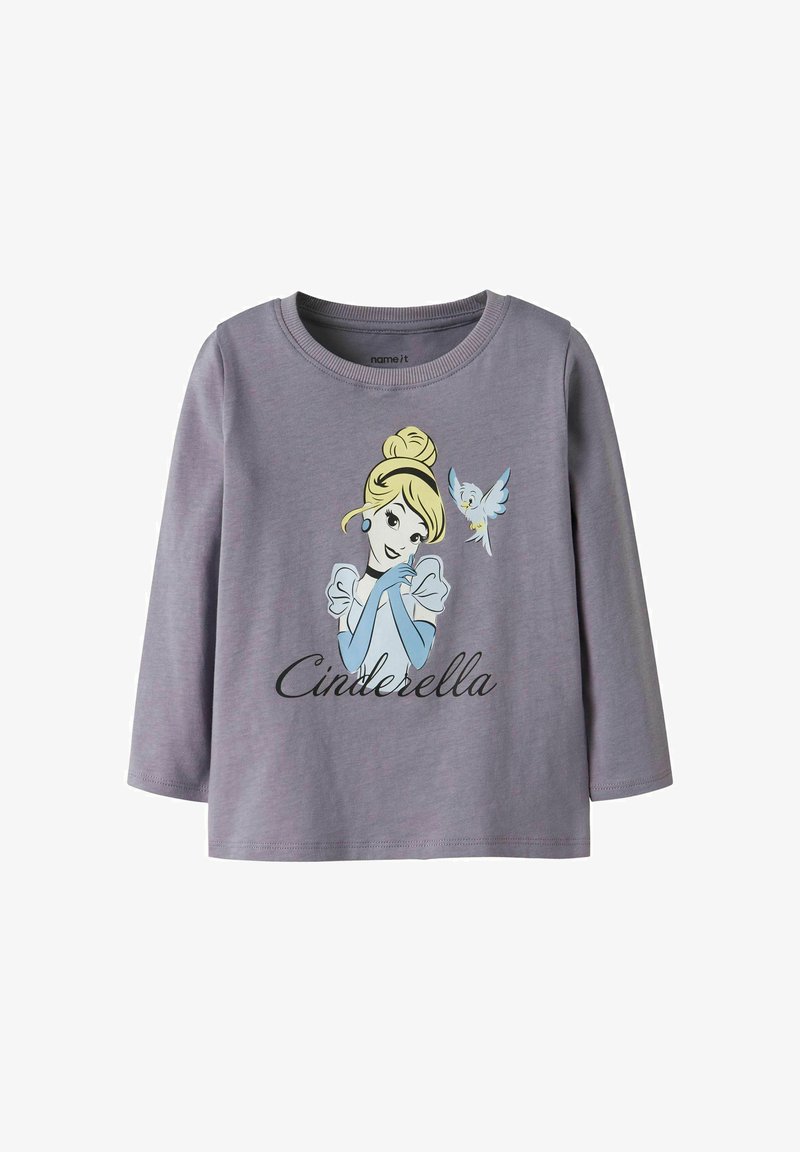 Szara koszula z długim rękawem wykonana z bawełny, z nadrukiem Kopciuszka i niebieskiego ptaka, z okrągłym dekoltem i elastycznymi mankietami.