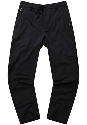 Pantaloni neri da esterno realizzati in materiale leggero, con tasche frontali con zip, una tasca cargo laterale con zip e una texture liscia.