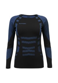 Long-sleeve athletic shirt in black with blue accents. Features textured patterns and logo, designed for comfort and performance.