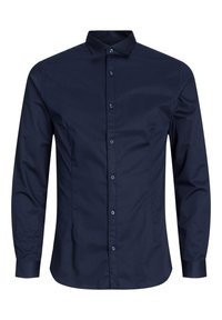 Camisa de manga larga azul marino de algodón, con cierre de botones en la parte delantera, cuello clásico y textura suave con un ajuste entallado.
