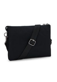 Borsa a tracolla nera in nylon con chiusura a zip, tracolla regolabile e accessori in tonalità argento. Texture liscia, forma rettangolare, design minimale.