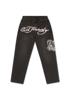 Ed Hardy, WOMENS SKULL AND ROSE VINTAGE WASHED RELAXED JEANS - Jean boyfriend - black