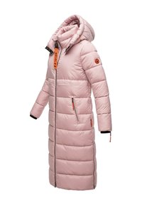 Long, pink puffer coat with a hood, featuring zippered pockets and contrasting orange accents. Soft, quilted texture with a slim fit design.