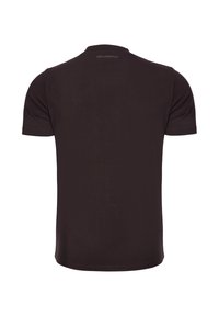 Czarny t-shirt z krótkim rękawem wykonany z miękkiego materiału, posiadający okrągły dekolt oraz prosty design z minimalnym logo z tyłu.