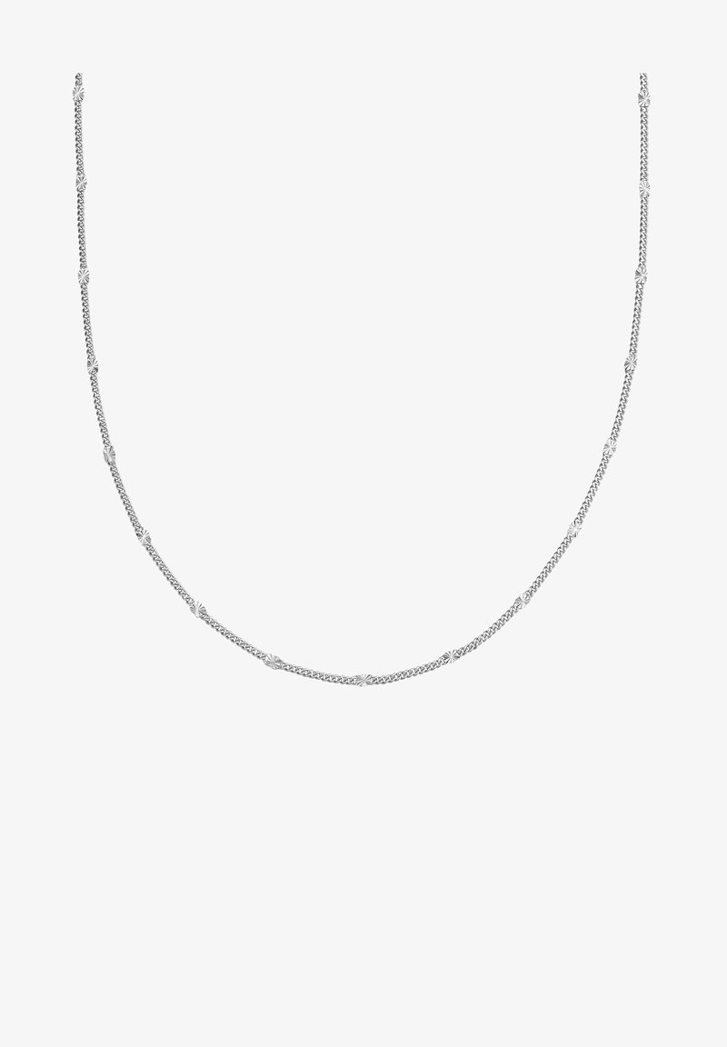 Hõbedane ketikaelakee, millel on tekstureeritud lingid ja tähtkujulised aktsendid, millel on kogu pikkuses sujuv ja sile viimistlus.