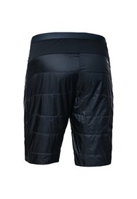 Svarta vadderade shorts med en slät yta, med ett horisontellt panelmönster och en elastisk midja. Designade för komfort och rörlighet.