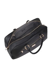 Zwarte lederen duffelbag met gouden hardware, bovenhandvatten, een ritssluiting en een ruime binnenkant met een subtiel patroon.