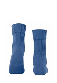 Calzini blu chiaro con polsini a coste, che mostrano una texture liscia. Il design è semplice e privo di motivi o elementi aggiuntivi.