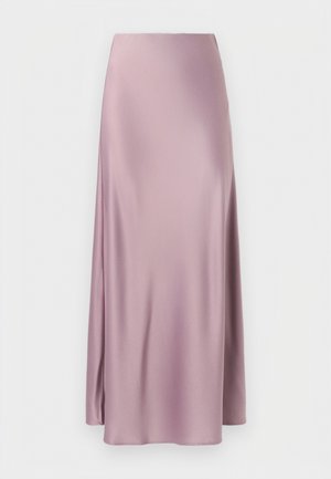 Jupe longue en satin violet clair avec une texture lisse et des fentes latérales discrètes sur un fond uni clair.