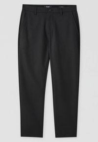 Pantalon formel noir avec poches latérales, passants de ceinture et fermeture avant par bouton, étalé à plat sur un fond clair.