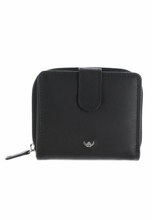 Black leather wallet with zipper closure and snap tab, featuring small silver logo on front center.