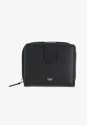 Black leather wallet with zipper closure and snap tab, featuring small silver logo on front center.