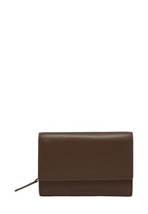 Brown leather wallet featuring a smooth texture, fold-over design, zipper closure, and embossed brand logo on the front.