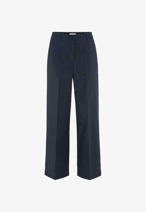Pantalones de pierna ancha de mezcla de algodón en azul marino con cierre de botón, trabillas para cinturón y dos bolsillos frontales. Textura suave y corte ajustado.