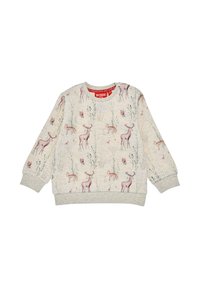 Hellgrauer Sweatshirt mit einem naturinspirierten Druck, der Rehe und florale Muster zeigt. Gerippte Bündchen und ein gerippter Kragen erhöhen die Haltbarkeit und den Komfort.