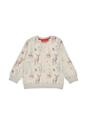 Hellgrauer Sweatshirt mit einem naturinspirierten Druck, der Rehe und florale Muster zeigt. Gerippte Bündchen und ein gerippter Kragen erhöhen die Haltbarkeit und den Komfort.