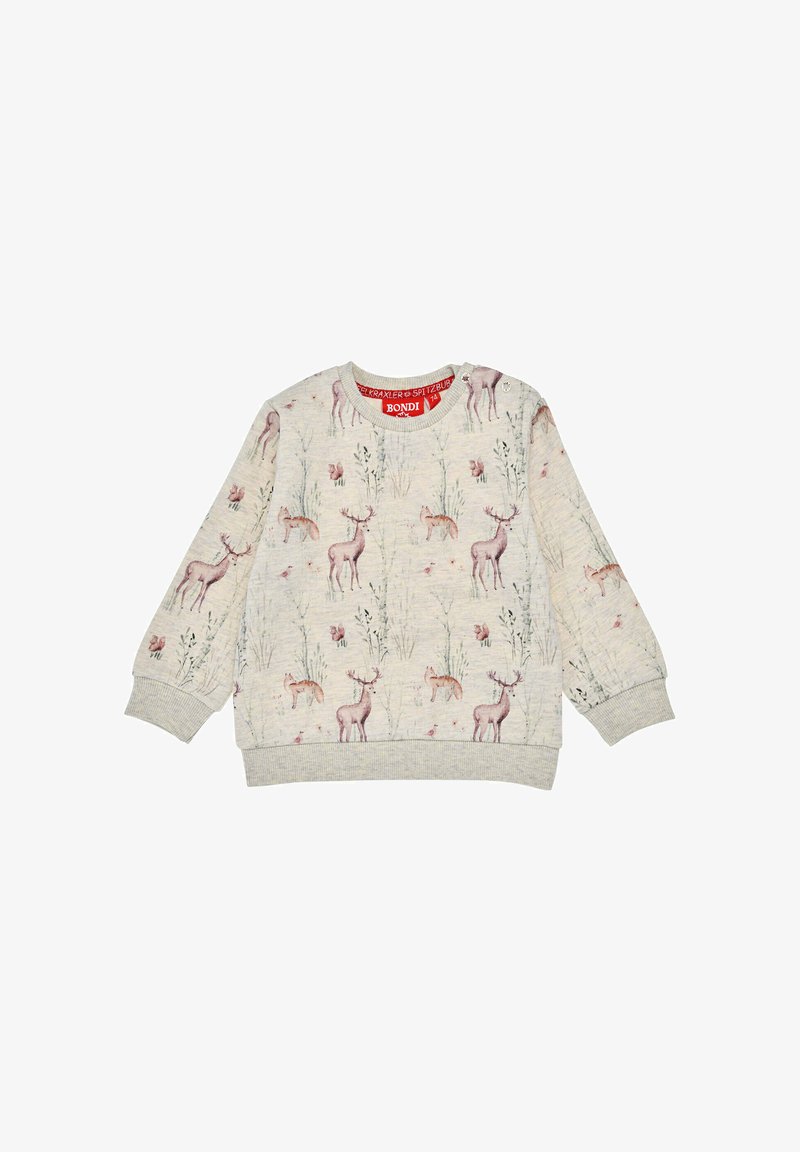 Hellgrauer Sweatshirt mit einem naturinspirierten Druck, der Rehe und florale Muster zeigt. Gerippte Bündchen und ein gerippter Kragen erhöhen die Haltbarkeit und den Komfort.