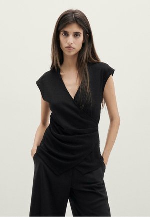 Massimo Dutti, METALLIC FINISH TOP WITH SURPLICE NECKLINE - T-shirt imprimé - black