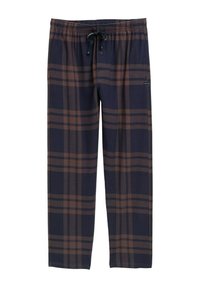 Marineblauwe en bruine geruite broek met een elastische tailleband en een trekkoord, met een zachte textuur en een rechte pasvorm.