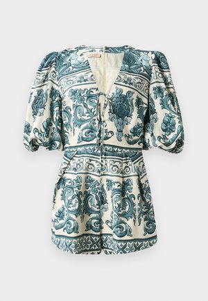 Bloemenpatroon romper in crème en teal. Met puffmouwen, een diepe V-hals, details met trekkoord en een aansluitende taille.