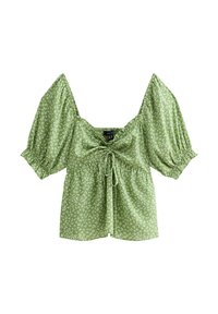 Groene bloemenblouse met korte pofmouwen, een vierkante halslijn en trekkoorddetail bij de taille. Gemaakt van lichte stof.