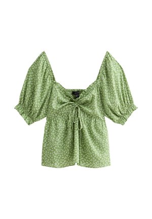 Groene bloemenblouse met korte pofmouwen, een vierkante halslijn en trekkoorddetail bij de taille. Gemaakt van lichte stof.