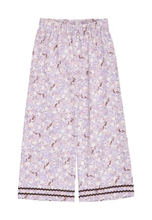 Weit geschnittene Lavendel-Hosen mit Blumenmuster, elastischem Bund und doppeltem braunem Wellenbesatz nahe dem Saum.