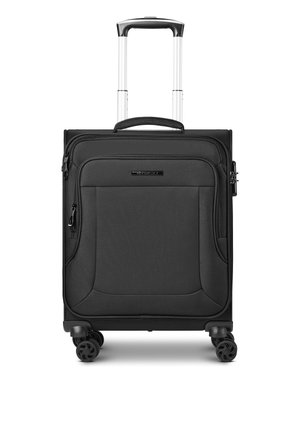 Black soft-sided carry-on suitcase with telescopic handle, front zipper pocket, padded top handle, and four spinner wheels on white background.