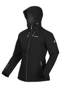 Veste noire de plein air à capuche avec fermeture éclair frontale, cordons ajustables et poches zippées sur les manches et les côtés.