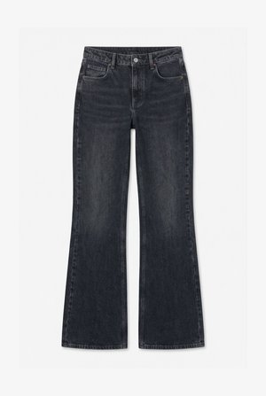 Sorte denimjeans med højtaljet, lukning med knap og lynlås, forlommer og let udvidede ben.