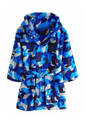 Blue and gray plush bathrobe with a hood, featuring an abstract geometric pattern, belted waist, and a PlayStation logo on the chest.