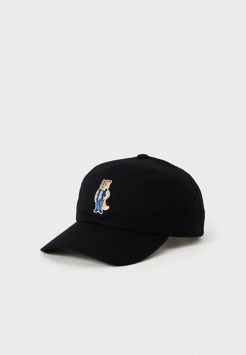 Black baseball cap with embroidered fox character wearing a jacket and jeans on the front center panel.